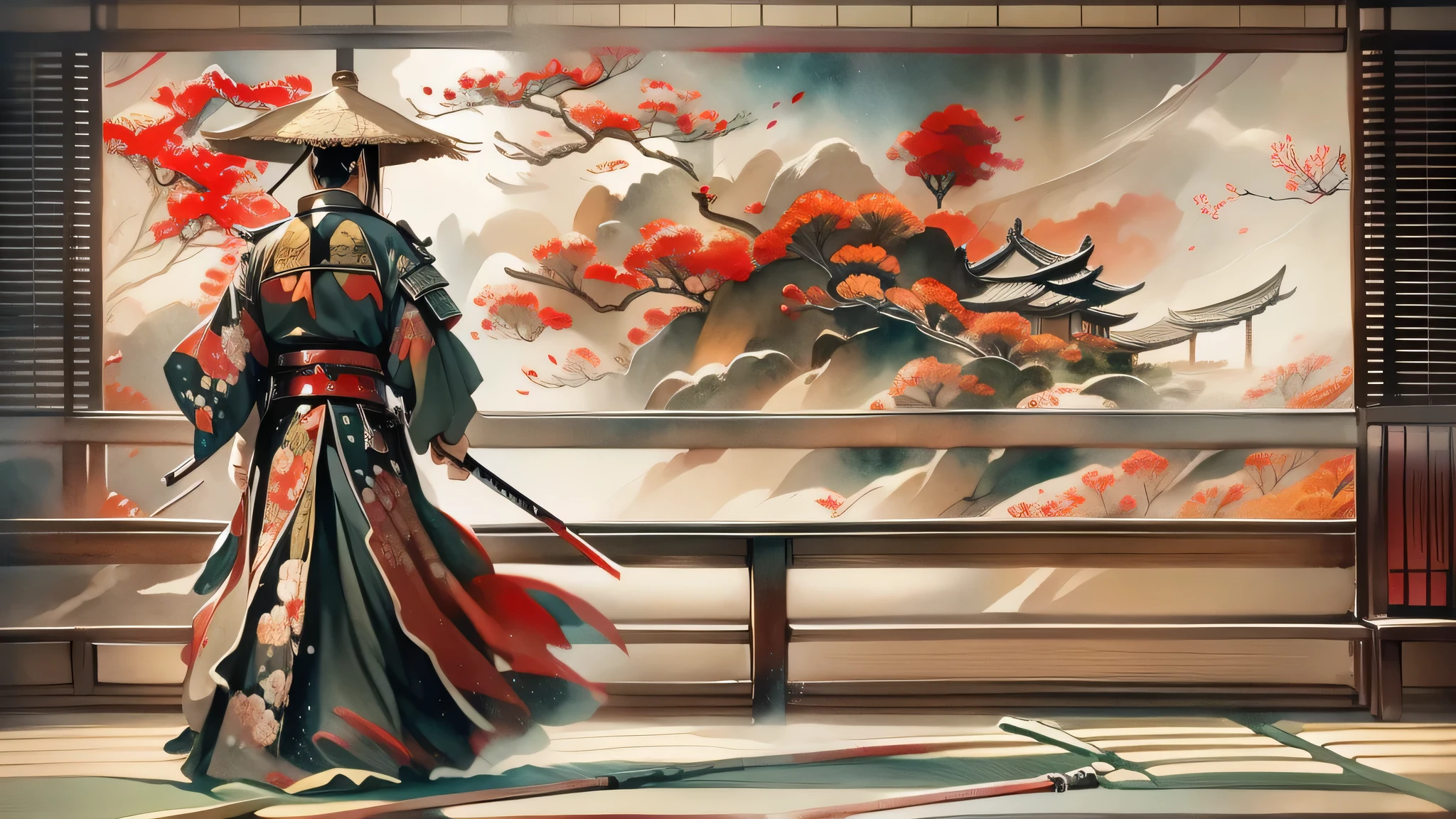 create for me panoramic ,wide angle and watercolour picture, acrylic effects, the picture called The way of Samurai, Samurai walking , wiev from the side, majestic walk, wearing samurai kimono and straw hat, there is a dragon on the right side of the painting, samurai walking from the left, there is a red and blac acrylic paint smugded on the painting, state of art, uhd quality hdr, masterpiece ,