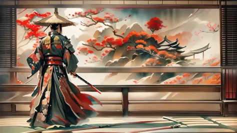 create for me panoramic ,wide angle and watercolour picture, acrylic effects, the picture called the way of samurai, samurai wal...