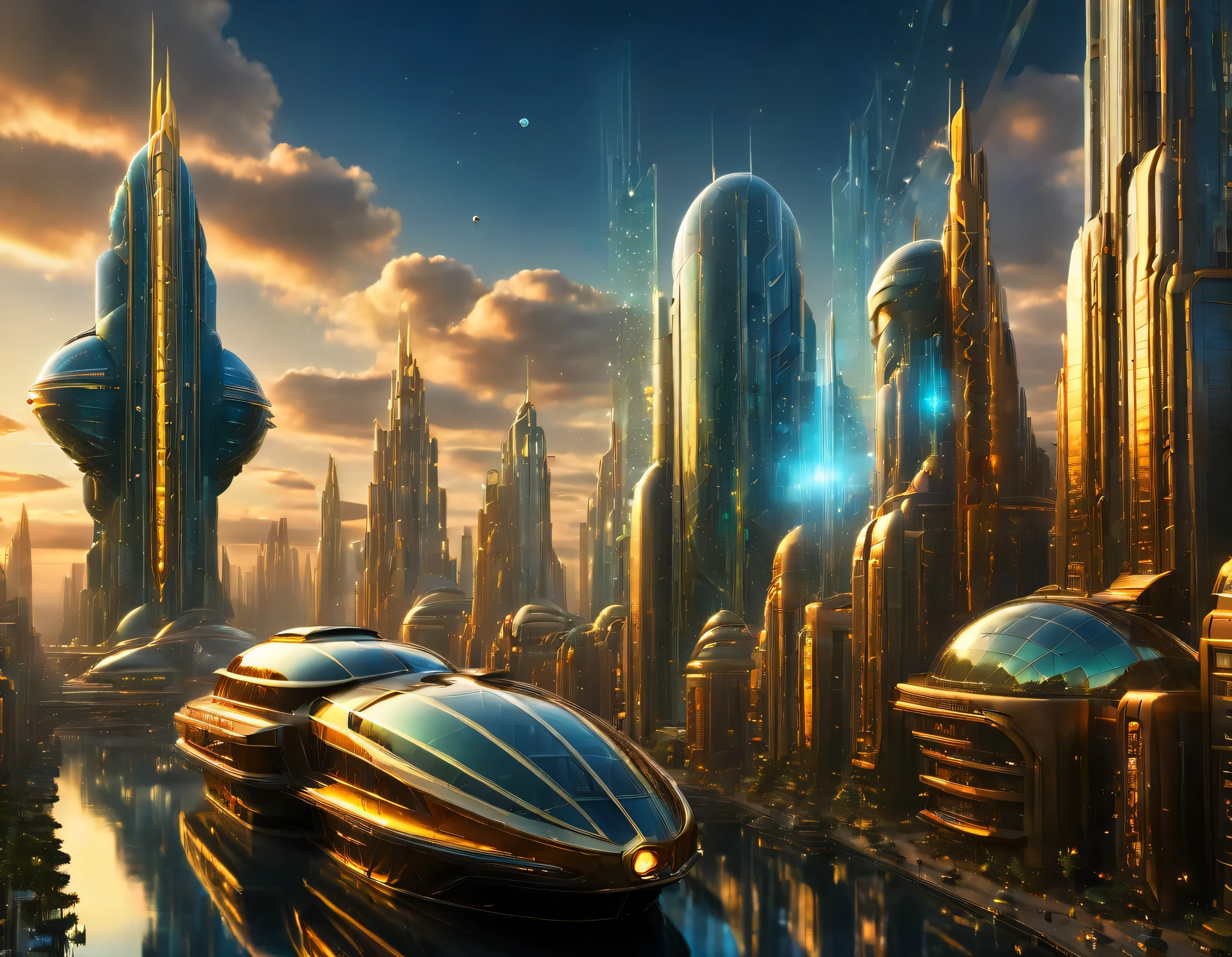 (освещение золотого часа), мегаполис, мегаполис воображаемого мира научной фантастики , похоже на футуристический Диснейленд, и максимум фантазии, с огромными зданиями и овальными и двенадцатигранными небоскребами, сгруппированными вместе из металла и стекла, где преобладают бриллианты и красочная световая реклама.. четкое изображение 8k, (сложные детали машины), со многими зданиями вместе.(шедевр высшего качества).(фотореалистичное изображение), абсолютная резкость вплоть до фона