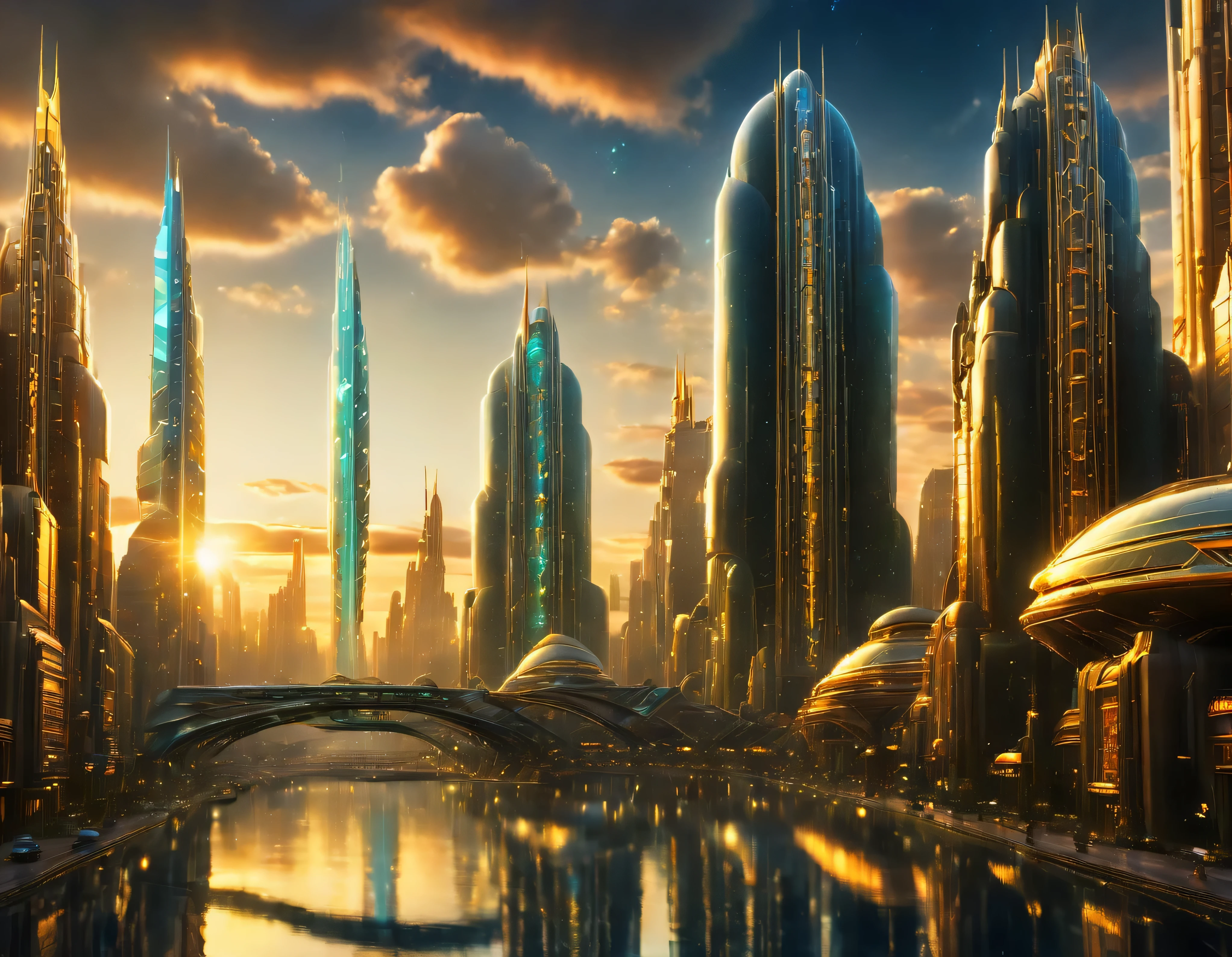 (освещение золотого часа), мегаполис, мегаполис воображаемого мира научной фантастики , похоже на футуристический Диснейленд, и максимум фантазии, с огромными зданиями и овальными и двенадцатигранными небоскребами, сгруппированными вместе из металла и стекла, где преобладают бриллианты и красочная световая реклама.. четкое изображение 8k, (сложные детали машины), со многими зданиями вместе.(шедевр высшего качества).(фотореалистичное изображение), абсолютная резкость вплоть до фона