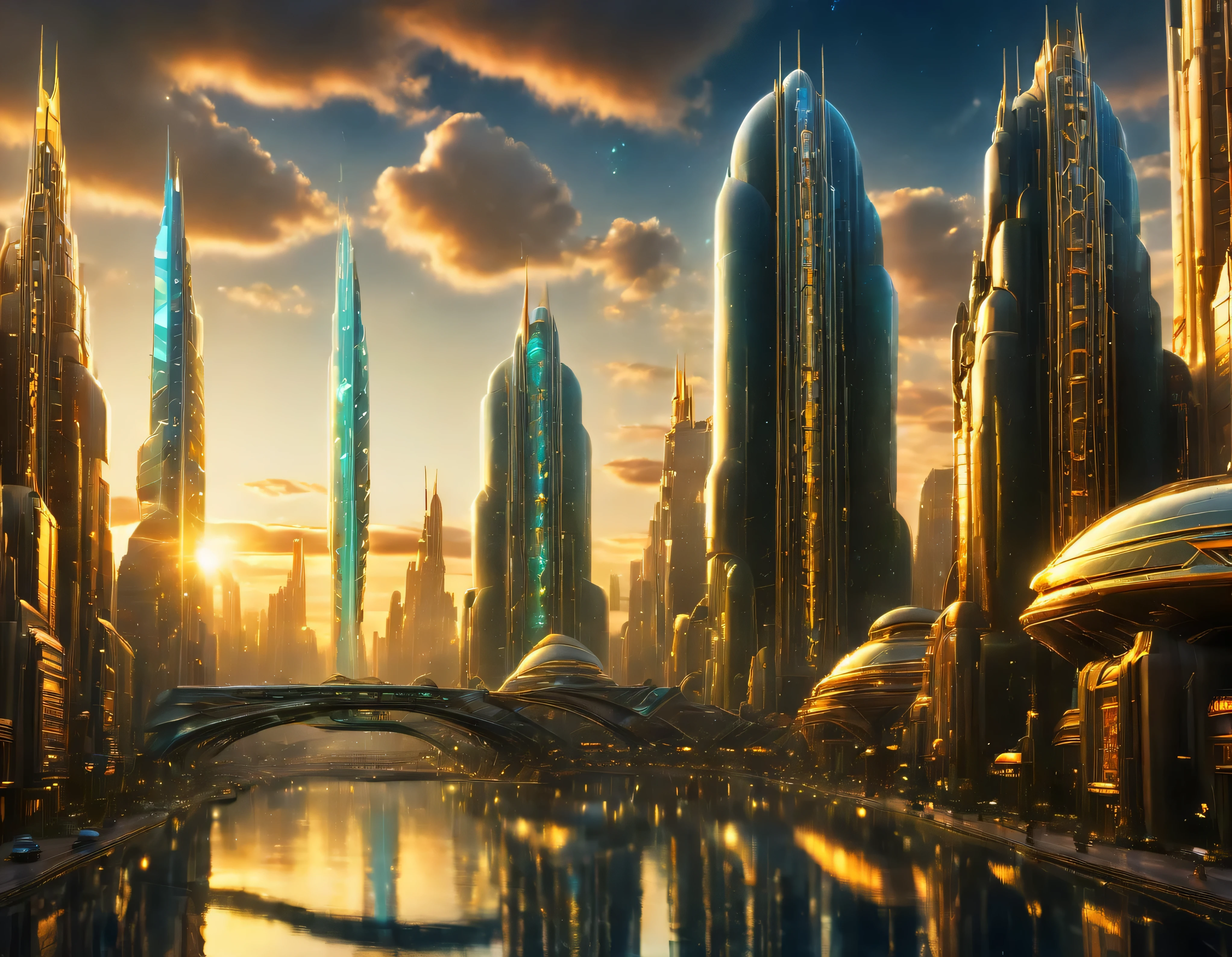 (Beleuchtung zur goldenen Stunde), Megacity, Megalopolis einer imaginären Welt der Science-Fiction , ähnlich einem futuristischen Disneyland, und maximale Fantasie, mit riesigen Gebäuden und ovalen und zwölfeckigen Wolkenkratzern, die aus Metall und Glas gruppiert sind und in denen Diamanten und farbenfrohe Leuchtreklamen vorherrschen.. Gut definiertes 8K-Bild, (komplizierte Details der Maschine), mit vielen Gebäuden zusammen.(Meisterwerk von höchster Qualität).(fotorealistisches Bild), absolute Schärfe bis in den Hintergrund