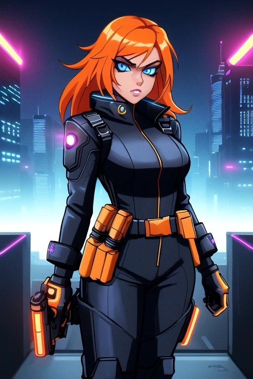 girl, cowboy shot, Sexy Experienced Cyberpunk Agent, orange hair, blue eyes, (Wearing: Black jumpsuit, utility belt, boots), light skin, natural makeup, athletic body, standing in a futuristic city with neon lights, holding two pistols with both hands, looking fiercely at the viewer while surrounded by flying drones.
