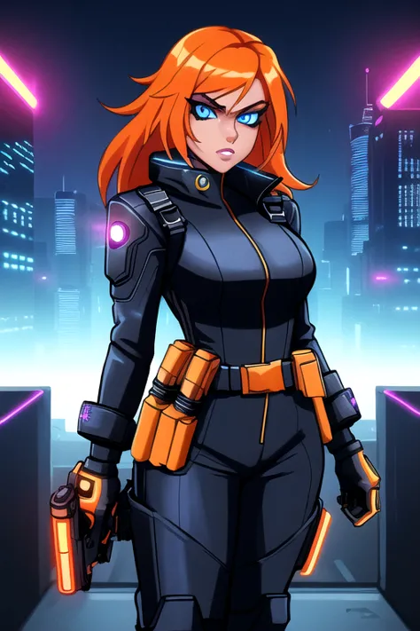 girl, cowboy shot, sexy experienced cyberpunk agent, orange hair, blue eyes, (wearing: black jumpsuit, utility belt, boots), lig...