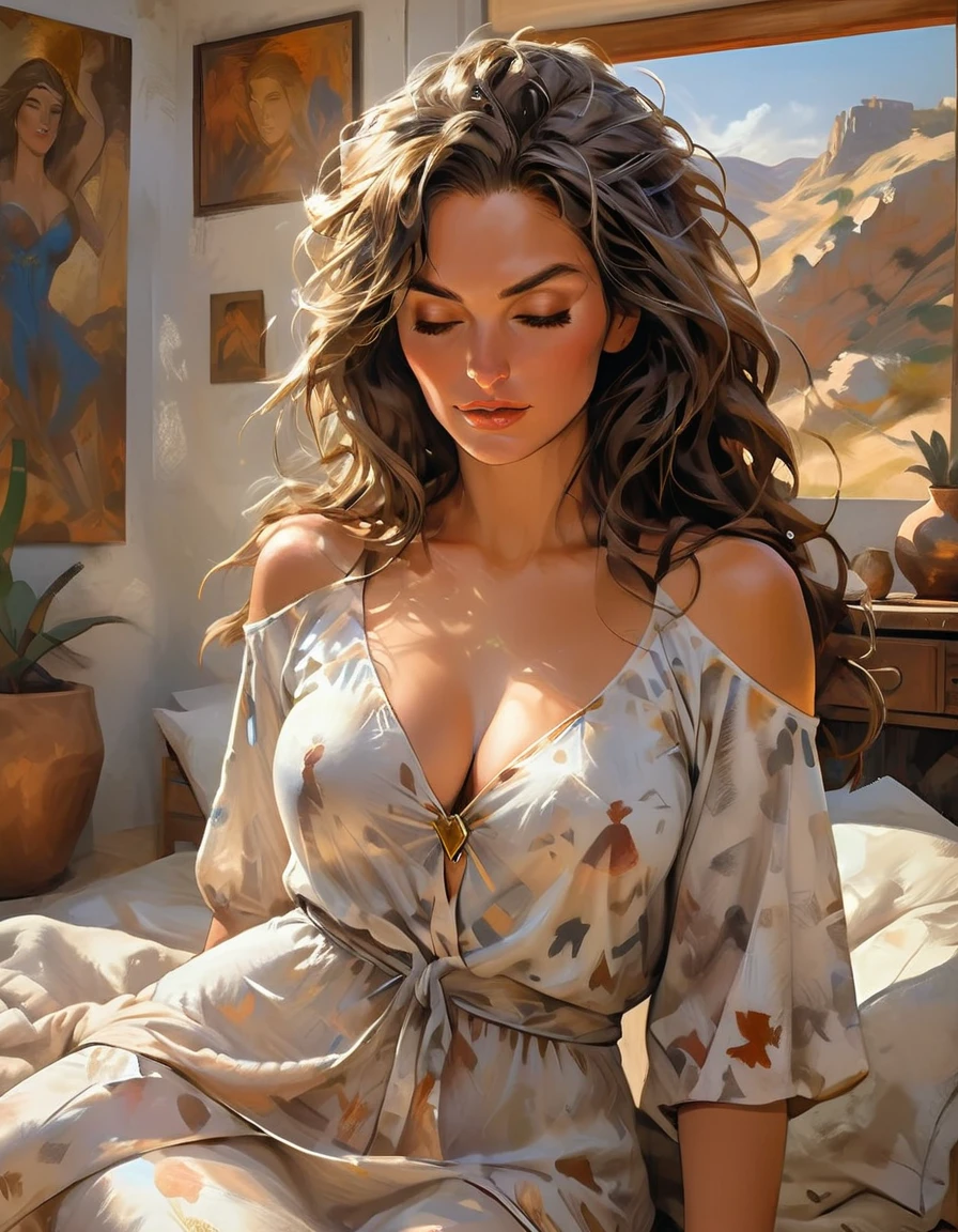 Create a picture of a Beautiful ((Natural Busty Saggy Boobs)) and Horny Neolithic European MILF [Elizabeth II:Wonder Woman:0.46], detailed beautiful face, wears Neolithic natural loose sleeping clothing, ((she lift her hands up sensually fix her hairdo)) at her neat mesmerizing Neolithic bedroom, photo realistic oil on canvas painting, realism style.