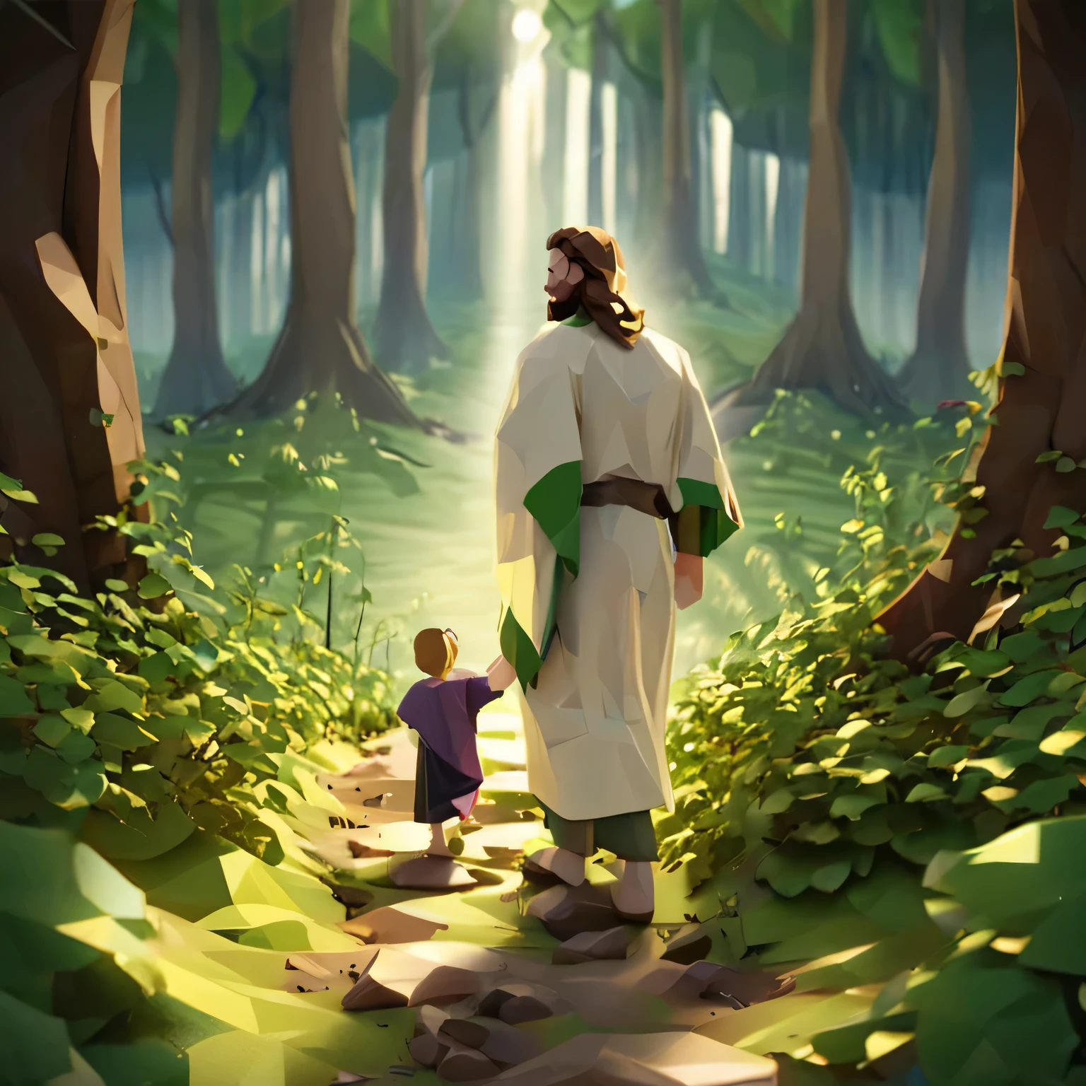 Cena de floresta encantada  com profundidade capriche nos detalhes. In this forest, an illuminated path and Jesus with a baby on his lap ,jesus de corpo inteiro caminhando por esse caminho. Calm and smiling at the baby. 