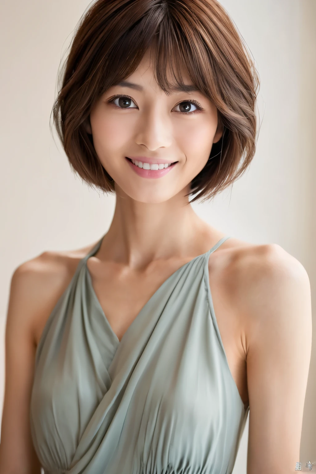 ((Best Quality, 8K, Masterpiece: 1.3)), 1 Girl, Skinny Japanese woman, 30 years old, Slim Abs Beauty: 1.3, (Hairstyle Brown Hair Shortcut, Big: 1.2), Dress: 1.1, Super Slender Face, Delicate Eyes, Double Eyelids, Smile, Home, Raw Photo