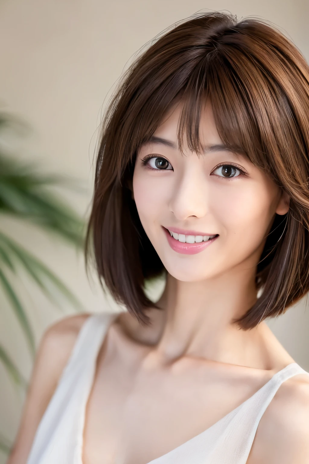 ((Best Quality, 8K, Masterpiece: 1.3)), 1 Girl, Skinny Japanese woman, 30 years old, Slim Abs Beauty: 1.3, (Hairstyle Brown Hair Shortcut, Big: 1.2), Dress: 1.1, Super Slender Face, Delicate Eyes, Double Eyelids, Smile, Home, Raw Photo