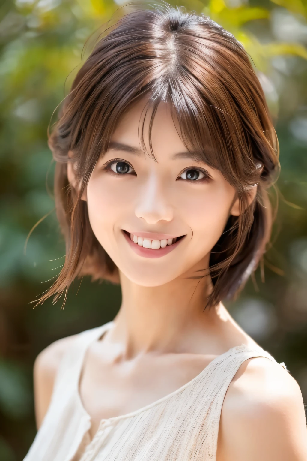 ((Best Quality, 8K, Masterpiece: 1.3)), 1 Girl, Skinny Japanese woman, 30 years old, Slim Abs Beauty: 1.3, (Brown Hair Shortcut), Dress: 1.1, Cute Face, Delicate Eyes, Double Eyelids, Smile, Home, Raw Photo