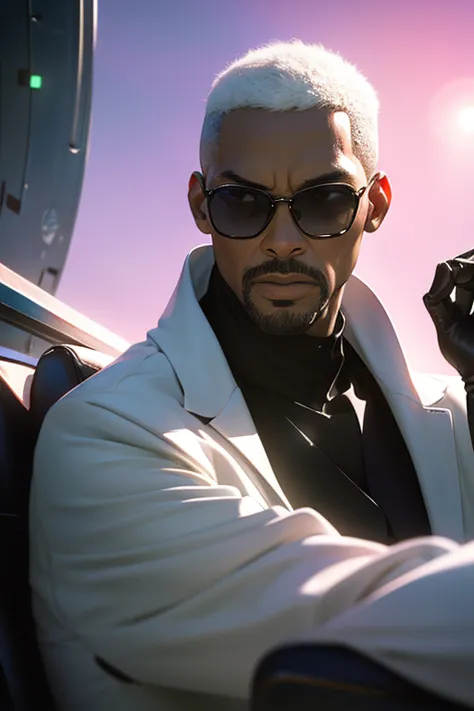 will smith from men in black,wearing sunglasses and a black suit,smoking a cigar inside a spaceship,ethereal astral quantic eldr...
