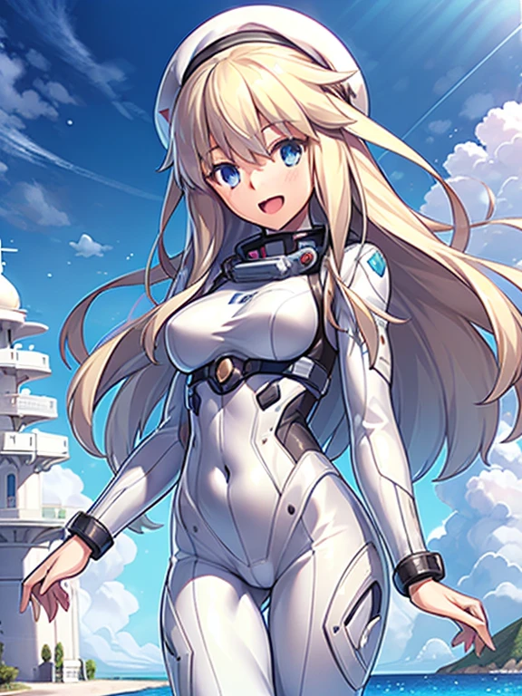 1 girl, alone, chest, looking at the viewer, blush, smile, long hair, bangs, large chest, blonde long hair, long sleeve, blue eyes, headphone,beret,:d, body suit, b space, white body suit, blue sky,Ocean,summer,Wind:1.3,, space suit break 