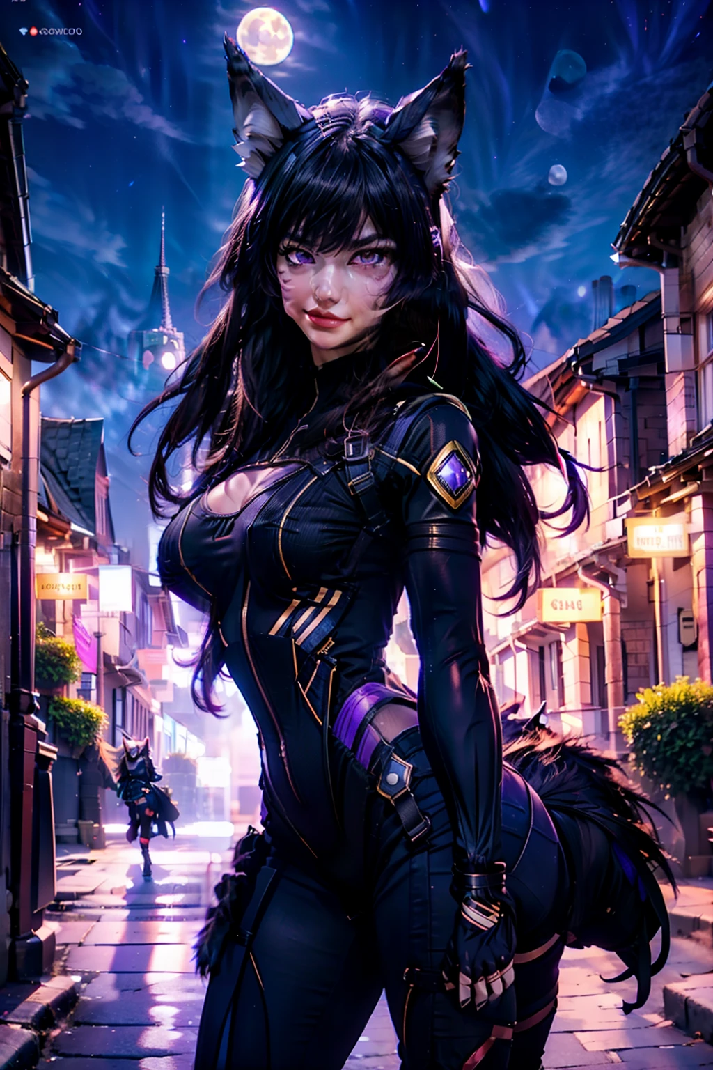 best quality, masterprice, 1girl, (solo:1.1), raytracing, ultra detailed,detailed face, 8k wallpaper, smile, wide hips, outdoor,night time,old town,moon, standing, outdoor,  DeltaNDV, long hair, animal ears, purple eyes, bangs, wolf ears, looking at viewer, wolf tail, bodysuit, tight clothes,  from front