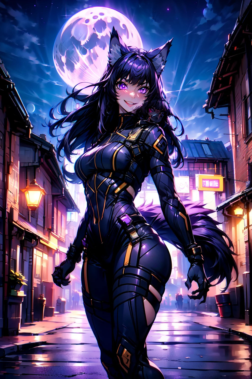 best quality, masterprice, 1girl, (solo:1.1), raytracing, ultra detailed,detailed face, 8k wallpaper, smile, wide hips, outdoor,night time,old town,moon, standing, outdoor,  DeltaNDV, long hair, animal ears, purple eyes, bangs, wolf ears, looking at viewer, wolf tail, bodysuit, tight clothes,  from front