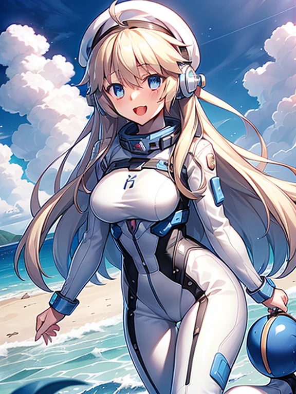 1 girl, alone, chest, looking at the viewer, blush, smile, long hair, bangs, large chest, blonde long hair, long sleeve, blue eyes, headphone,beret,:d, body suit, b space, white body suit, blue sky,Ocean,summer,Wind:1.3,, space suit break 