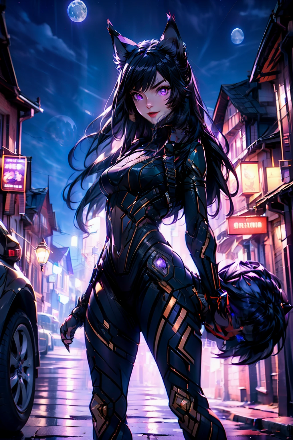 best quality, masterprice, 1girl, (solo:1.1), raytracing, ultra detailed,detailed face, 8k wallpaper, smile, wide hips, outdoor,night time,old town,moon, standing, outdoor,  DeltaNDV, long hair, animal ears, purple eyes, bangs, wolf ears, looking at viewer, wolf tail, bodysuit, tight clothes,  from front