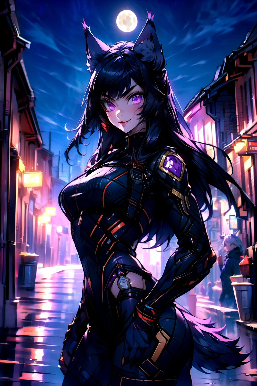 best quality, masterprice, 1girl, (solo:1.1), raytracing, ultra detailed,detailed face, 8k wallpaper, smile, wide hips, outdoor,night time,old town,moon, standing, outdoor,  DeltaNDV, long hair, animal ears, purple eyes, bangs, wolf ears, looking at viewer, wolf tail, bodysuit, tight clothes,  from front