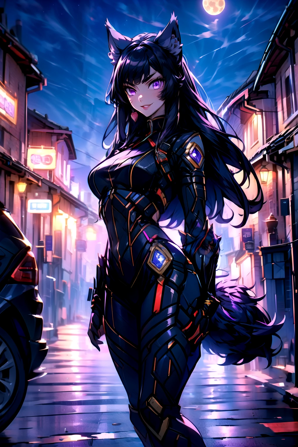 best quality, masterprice, 1girl, (solo:1.1), raytracing, ultra detailed,detailed face, 8k wallpaper, smile, wide hips, outdoor,night time,old town,moon, standing, outdoor,  DeltaNDV, long hair, animal ears, purple eyes, bangs, wolf ears, looking at viewer, wolf tail, bodysuit, tight clothes,  from front