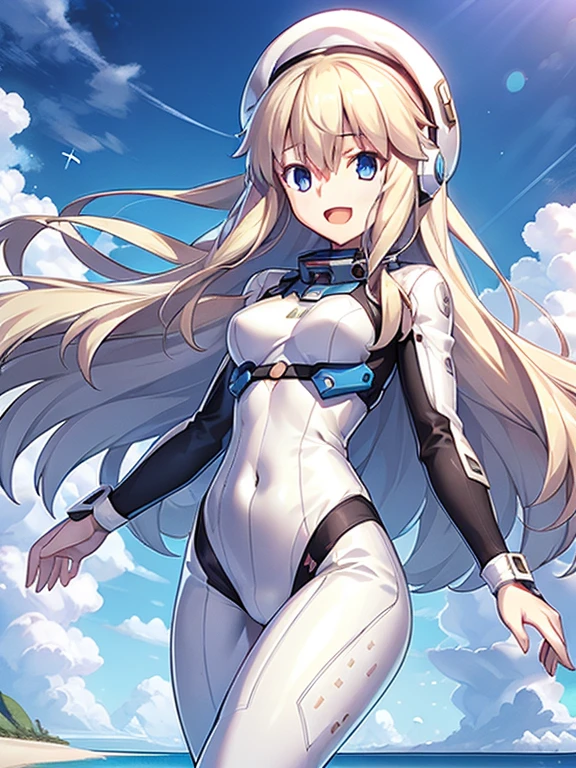 1 girl, alone, chest, looking at the viewer, blush, smile, long hair, bangs, large chest, blonde long hair, long sleeve, blue eyes, headphone,beret,:d, body suit, b space, white body suit, blue sky,Ocean,summer,Wind:1.3,, space suit break 