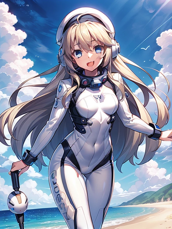 1 girl, alone, chest, looking at the viewer, blush, smile, long hair, bangs, large chest, blonde long hair, long sleeve, blue eyes, headphone,beret,:d, body suit, b space, white body suit, blue sky,Ocean,summer,Wind:1.3,, space suit break 