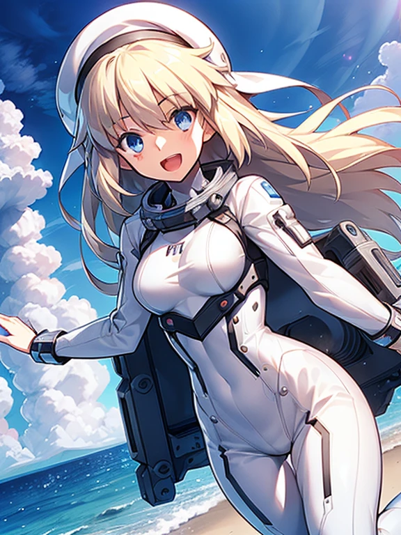 1 girl, alone, chest, looking at the viewer, blush, smile, long hair, bangs, large chest, blonde long hair, long sleeve, blue eyes, headphone,beret,:d, body suit, b space, white body suit, blue sky,Ocean,summer,Wind:1.3,, space suit break 