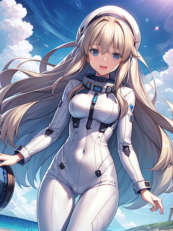 1 girl, alone, chest, looking at the viewer, blush, smile, long hair, bangs, large chest, blonde long hair, long sleeve, blue eyes, headphone,beret,:d, body suit, b space, white body suit, blue sky,Ocean,summer,Wind:1.3,, space suit break 