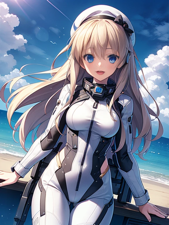 1 girl, alone, chest, looking at the viewer, blush, smile, long hair, bangs, large chest, blonde long hair, long sleeve, blue eyes, headphone,beret,:d, body suit, b space, white body suit, blue sky,Ocean,summer,Wind:1.3,, space suit break 