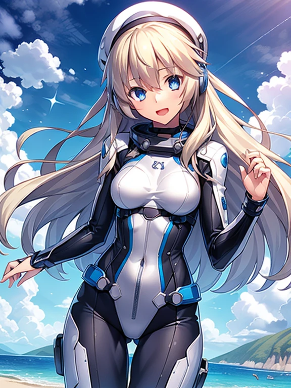 1 girl, alone, chest, looking at the viewer, blush, smile, long hair, bangs, large chest, blonde long hair, long sleeve, blue eyes, headphone,beret,:d, body suit, b space, white body suit, blue sky,Ocean,summer,Wind:1.3,, space suit break 