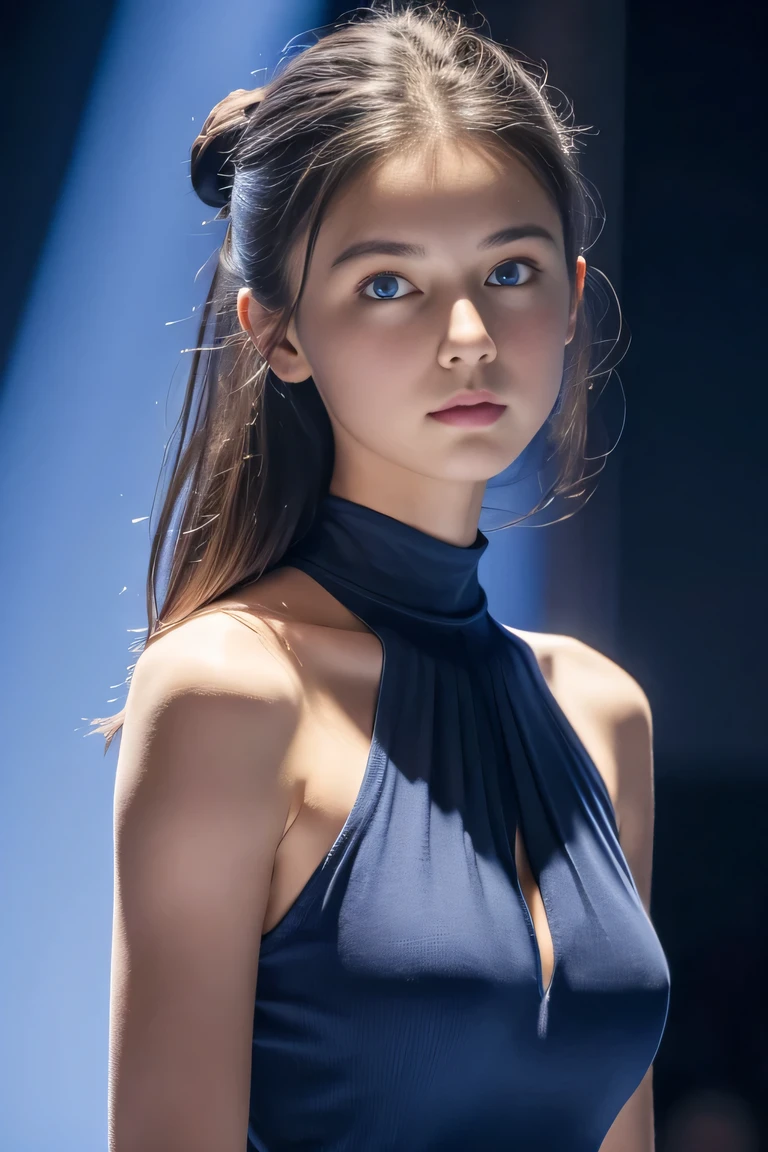A woman in a blue dress with a black top and a ponytail SeaArt AI
