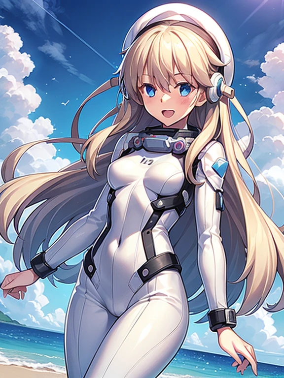 1 girl, alone, chest, looking at the viewer, blush, smile, long hair, bangs, large chest, blonde long hair, long sleeve, blue eyes, headphone,beret,:d, body suit, b space, white body suit, blue sky,Ocean,summer,Wind:1.3,, space suit break 