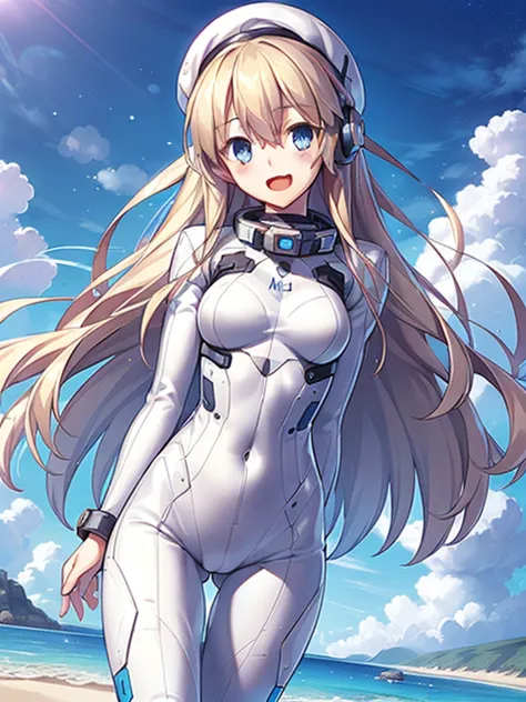 1 girl, alone, chest, looking at the viewer, blush, smile, long hair, bangs, large chest, blonde long hair, long sleeve, blue ey...