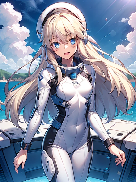 1 girl, alone, chest, looking at the viewer, blush, smile, long hair, bangs, large chest, blonde long hair, long sleeve, blue eyes, headphone,beret,:d, body suit, b space, white body suit, blue sky,Ocean,summer,Wind:1.3,, space suit break 