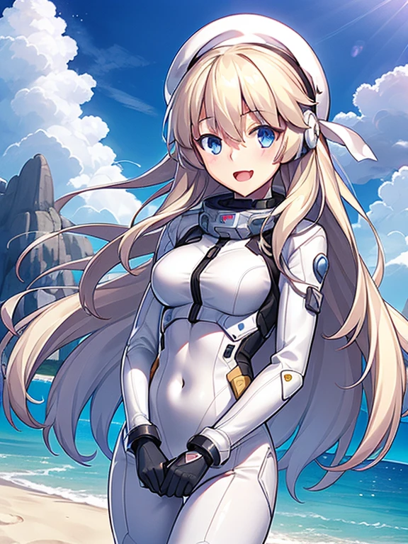 1 girl, alone, chest, looking at the viewer, blush, smile, long hair, bangs, large chest, blonde long hair, long sleeve, blue eyes, headphone,beret,:d, body suit, b space, white body suit, blue sky,Ocean,summer,Wind:1.3,, space suit break 