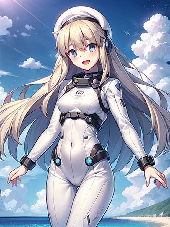 1 girl, alone, chest, looking at the viewer, blush, smile, long hair, bangs, large chest, blonde long hair, long sleeve, blue eyes, headphone,beret,:d, body suit, b space, white body suit, blue sky,Ocean,summer,Wind:1.3,, space suit break 