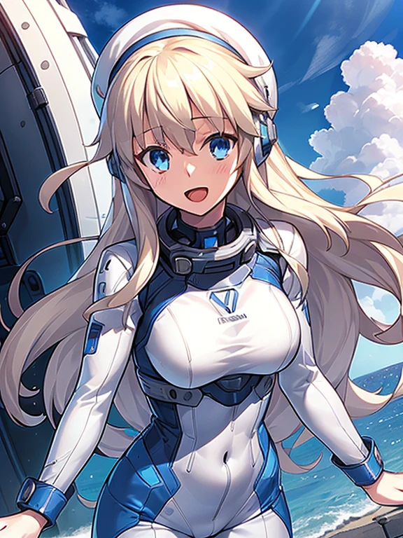 1 girl, alone, chest, looking at the viewer, blush, smile, long hair, bangs, large chest, blonde long hair, long sleeve, blue eyes, headphone,beret,:d, body suit, b space, white body suit, blue sky,Ocean,summer,Wind:1.3,, space suit break 