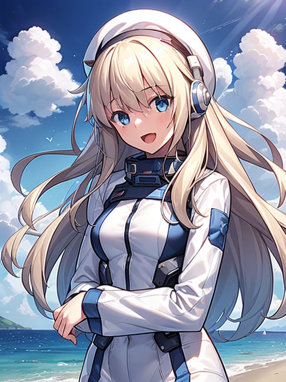 1 girl, alone, chest, looking at the viewer, blush, smile, long hair, bangs, large chest, blonde long hair, long sleeve, blue eyes, headphone,beret,:d, body suit, b space, white body suit, blue sky,Ocean,summer,Wind:1.3,, space suit break 