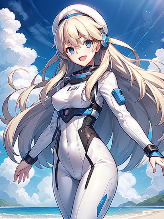 1 girl, alone, chest, looking at the viewer, blush, smile, long hair, bangs, large chest, blonde long hair, long sleeve, blue eyes, headphone,beret,:d, body suit, b space, white body suit, blue sky,Ocean,summer,Wind:1.3,, space suit break 