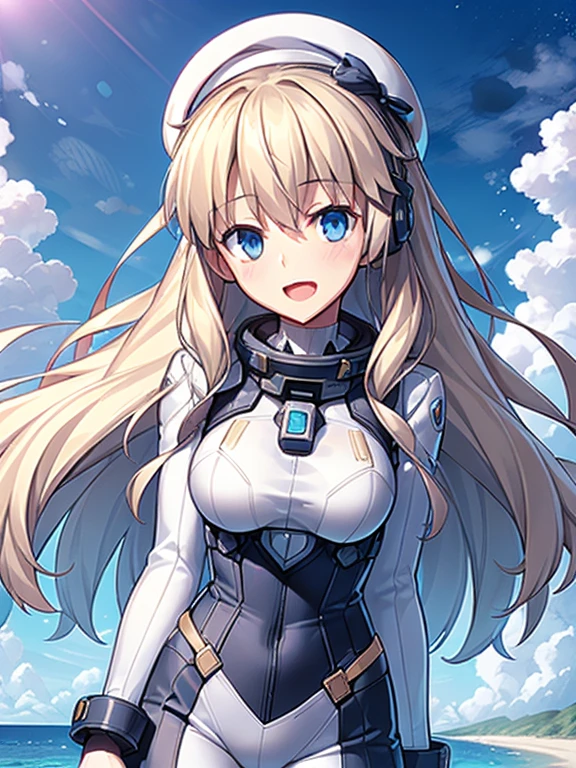 1 girl, alone, chest, looking at the viewer, blush, smile, long hair, bangs, large chest, blonde long hair, long sleeve, blue eyes, headphone,beret,:d, body suit, b space, white body suit, blue sky,Ocean,summer,Wind:1.3,, space suit break 