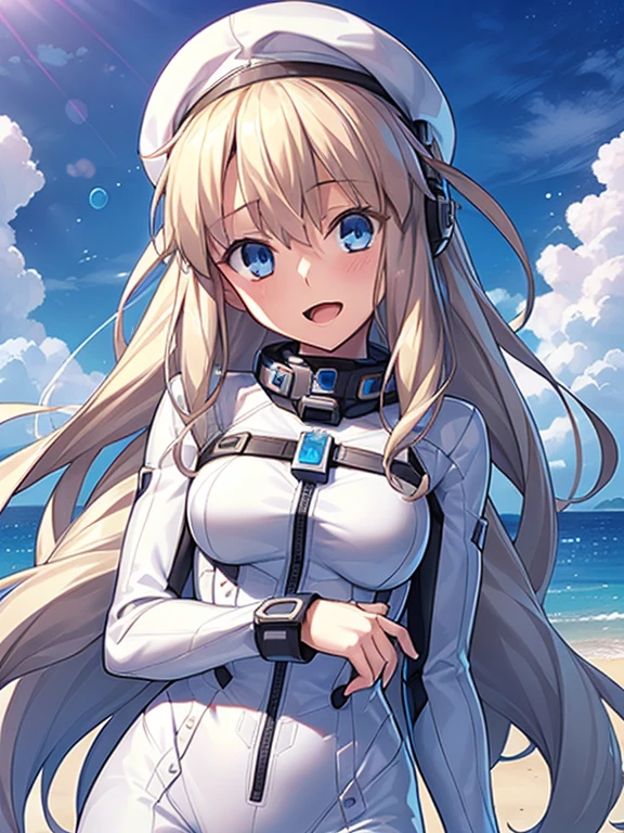 1 girl, alone, chest, looking at the viewer, blush, smile, long hair, bangs, large chest, blonde long hair, long sleeve, blue eyes, headphone,beret,:d, body suit, b space, white body suit, blue sky,Ocean,summer,Wind:1.3,, space suit break 