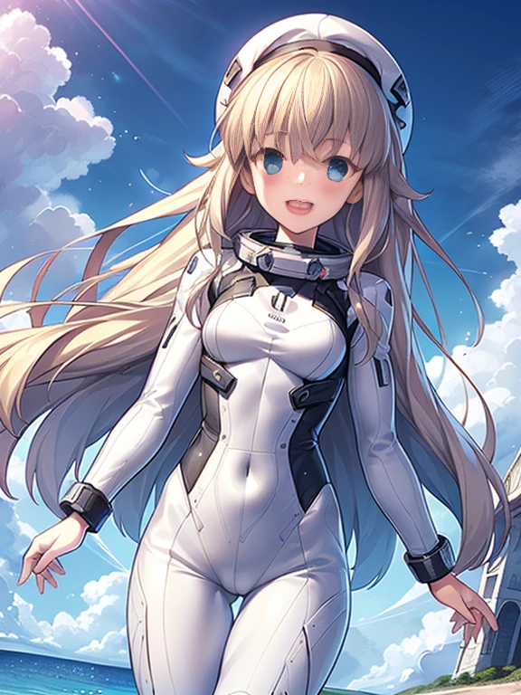 1 girl, alone, chest, looking at the viewer, blush, smile, long hair, bangs, large chest, blonde long hair, long sleeve, blue eyes, headphone,beret,:d, body suit, b space, white body suit, blue sky,Ocean,summer,Wind:1.3,, space suit break 