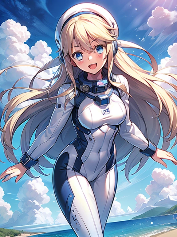 1 girl, alone, chest, looking at the viewer, blush, smile, long hair, bangs, large chest, blonde long hair, long sleeve, blue eyes, headphone,beret,:d, body suit, b space, white body suit, blue sky,Ocean,summer,Wind:1.3,, space suit break 