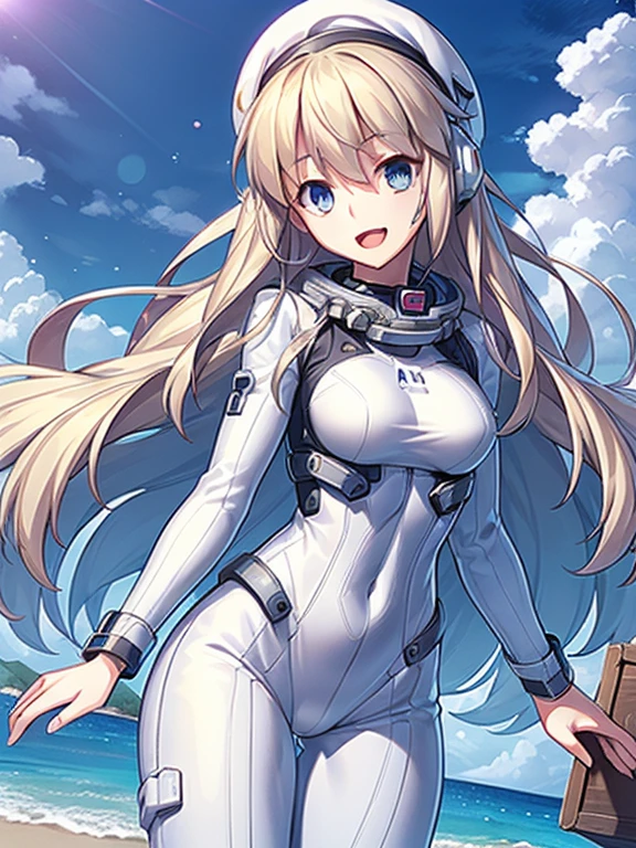 1 girl, alone, chest, looking at the viewer, blush, smile, long hair, bangs, large chest, blonde long hair, long sleeve, blue eyes, headphone,beret,:d, body suit, b space, white body suit, blue sky,Ocean,summer,Wind:1.3,, space suit break 