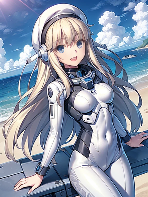 1 girl, alone, chest, looking at the viewer, blush, smile, long hair, bangs, large chest, blonde long hair, long sleeve, blue eyes, headphone,beret,:d, body suit, b space, white body suit, blue sky,Ocean,summer,Wind:1.3,, space suit break 