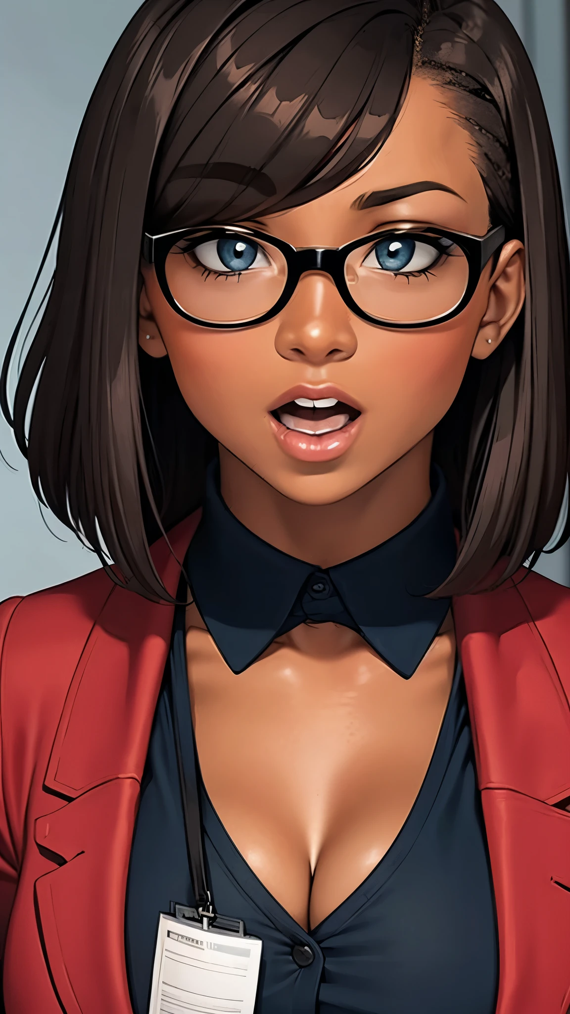 Solo, female, woman, dark skin, big glossy lips, dark brown hair, short hair, big glasses, office uniform, cleavage, surprised, open mouth