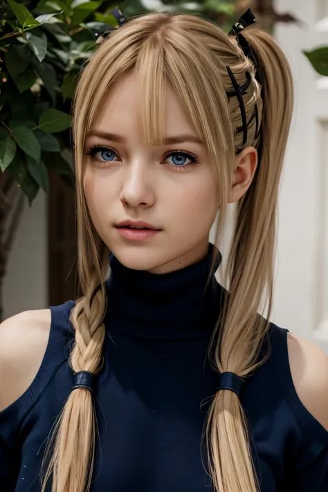 A stunning and intricate full color, Ultra-HD portrait of an 18 year old girl, long blonde hair, held in two pigtails, dark blue...