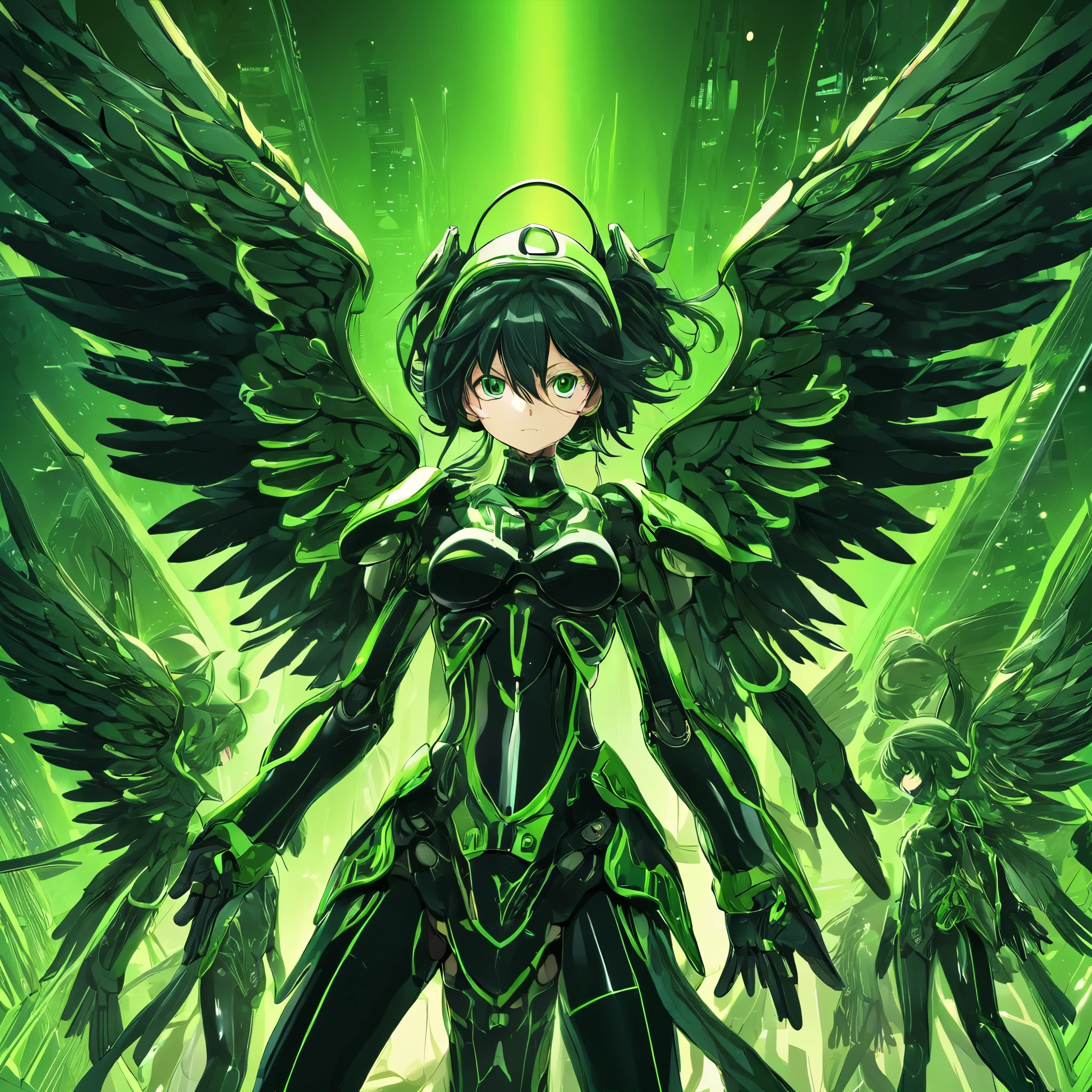 anjos de ferro em verde e preto, estilo anime, chave visual, vibrante, Anime de estúdio, Altamente detalhado"