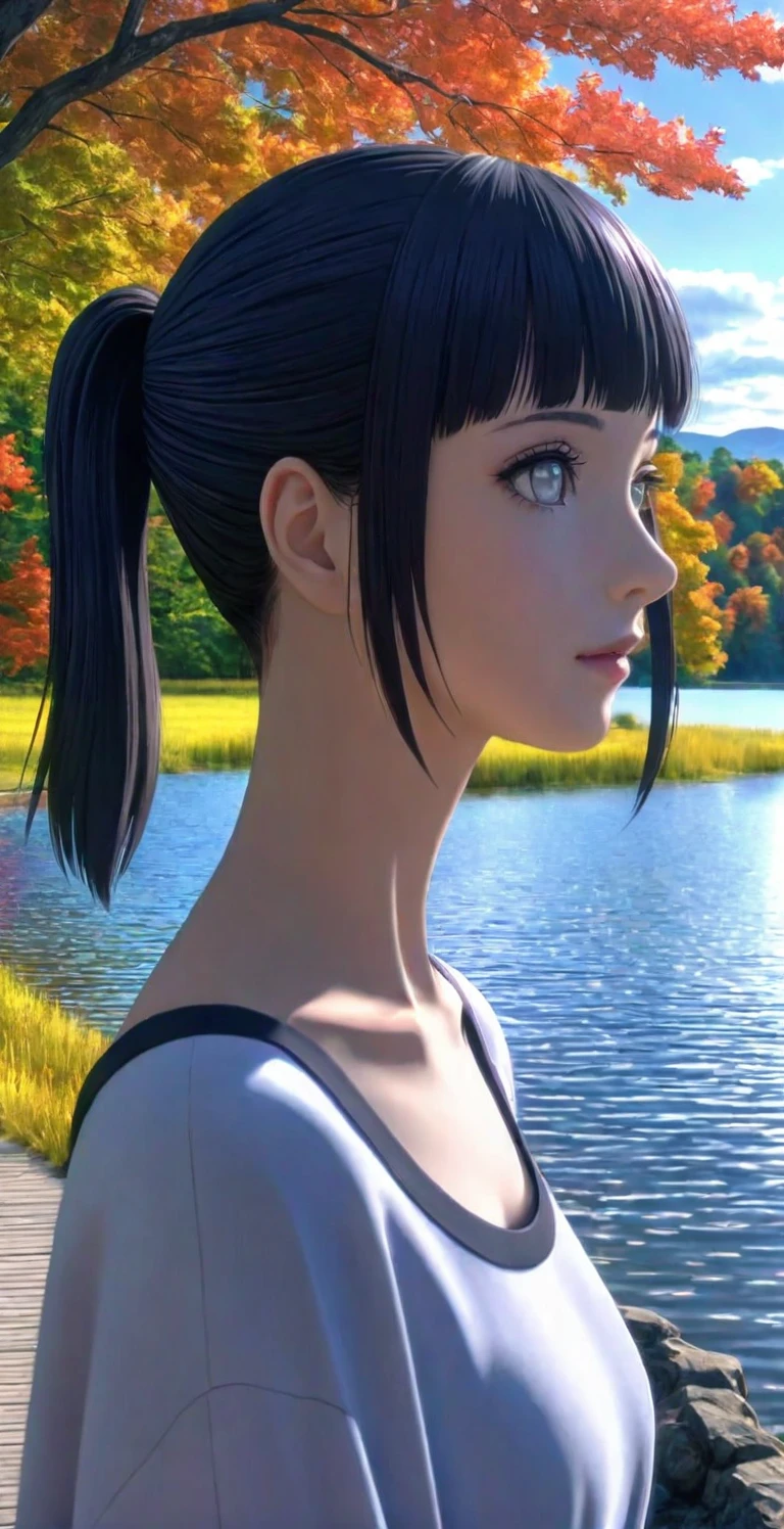 close-up from side, (adult-Hinata) walk next to lake, short hair into ponytail, [enchanting, surreal, studio lighting, HDR, UHD, 4K]