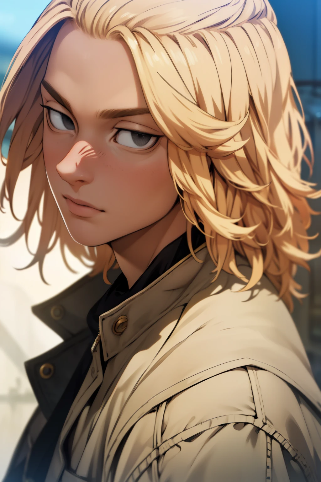 photorealistic, (4k), depth of field, (Masterpiece), (realistic skin texture), extremely detailed, intricate, hyper detailed, high resolution, professional photography, bokeh, depth of field, sharp detail, best quality, looking at viewer, 1boy, solo, male focus, manjirou_sano, blonde hair, black eyes, empty eyes