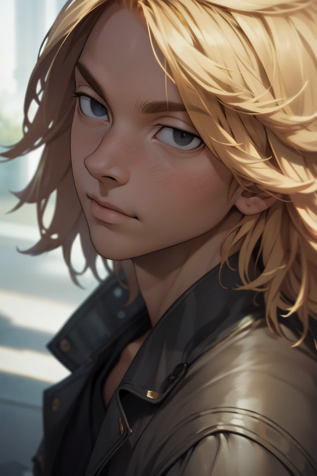 photorealistic, (4k), depth of field, (Masterpiece), (realistic skin texture), extremely detailed, intricate, hyper detailed, high resolution, professional photography, bokeh, depth of field, sharp detail, best quality, looking at viewer, 1boy, solo, male focus, manjirou_sano, blonde hair, black eyes, empty eyes