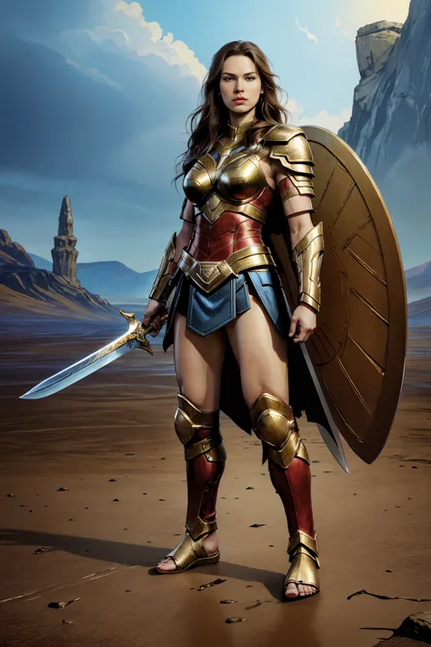 ((Full body photo, standing, feet on the ground)) Alison Tyler as an Asgardian Valkyrie, blue eyes, long brown hair, perfect bod...