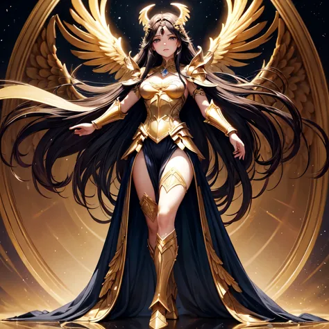 best quality, extremely beautiful, beautiful face, angel woman, four huges golden wing, revealing armor with open front skirt, v...