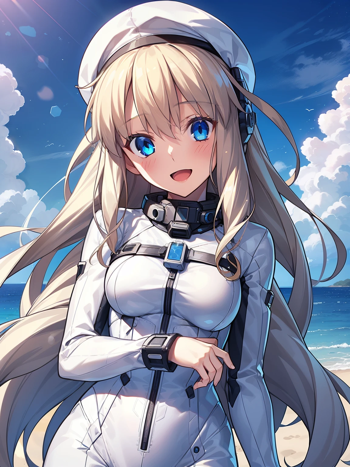 1 girl, alone, chest, looking at the viewer, blush, smile, long hair, bangs, large chest, blonde long hair, long sleeve, blue eyes, headphone,beret,:d, body suit, b space, white body suit, blue sky,Ocean,summer,Wind:1.3,, space suit break 